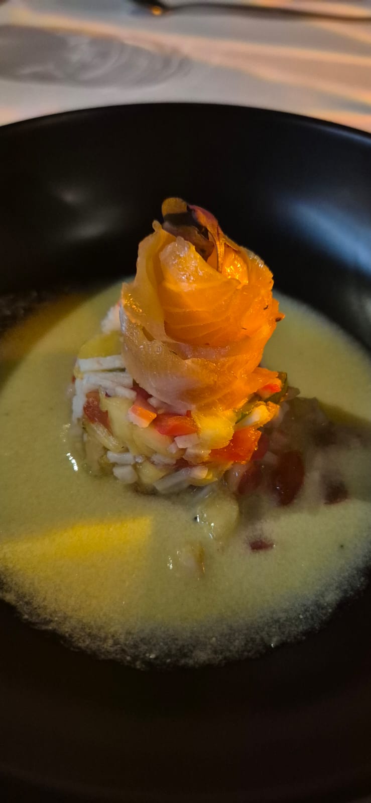 Salmon and rice in dark bowl